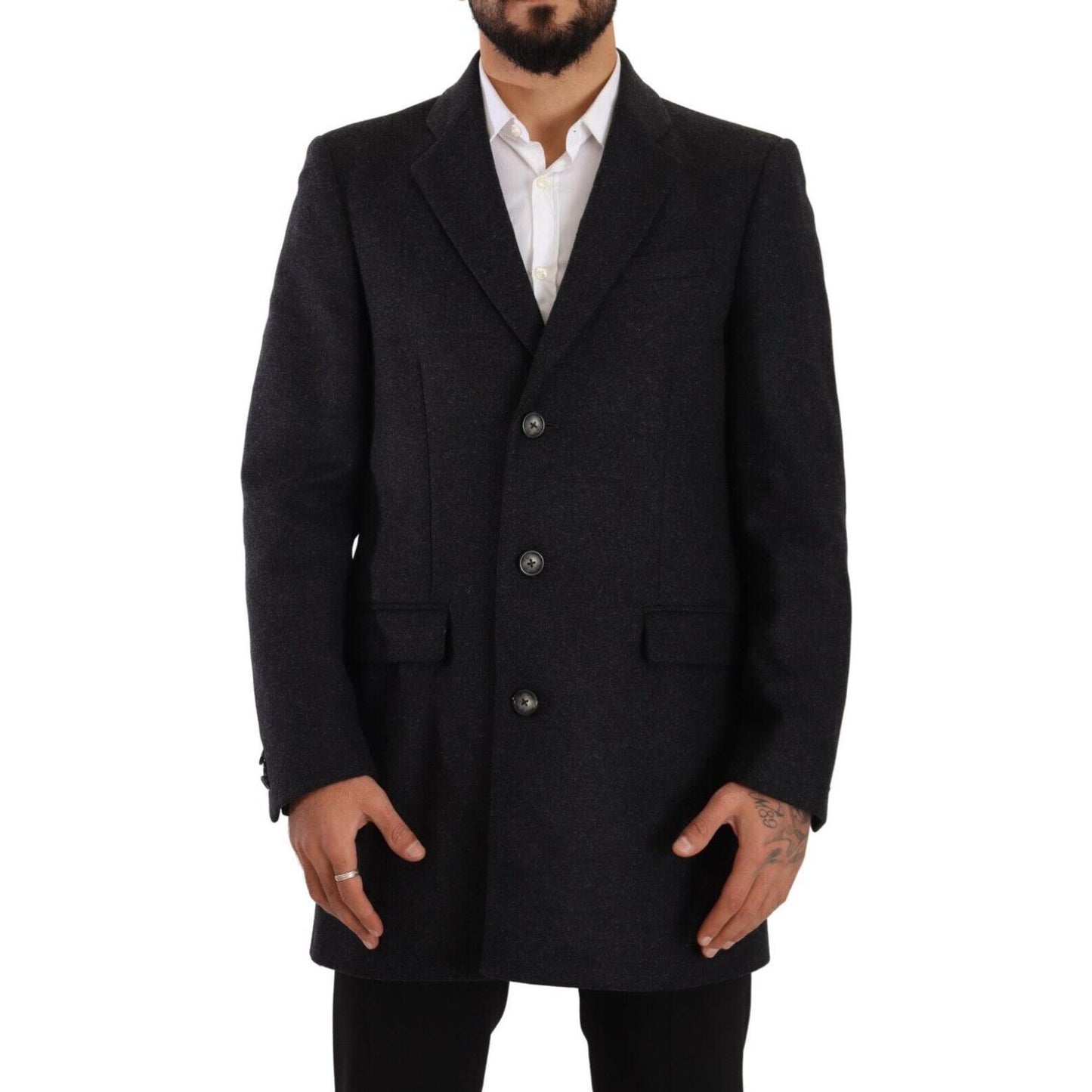 Dolce & Gabbana Elegant Dark Grey Woolen Overcoat Dolce & Gabbana Black