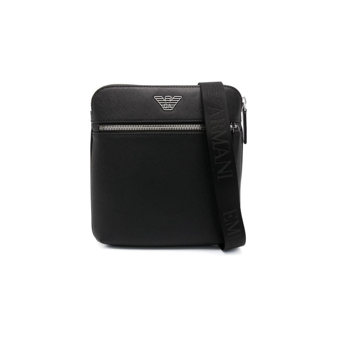 Emporio Armani black faux-leather shoulder bag with eagle logo, silver hardware, and adjustable strap. Perfect for versatile use.