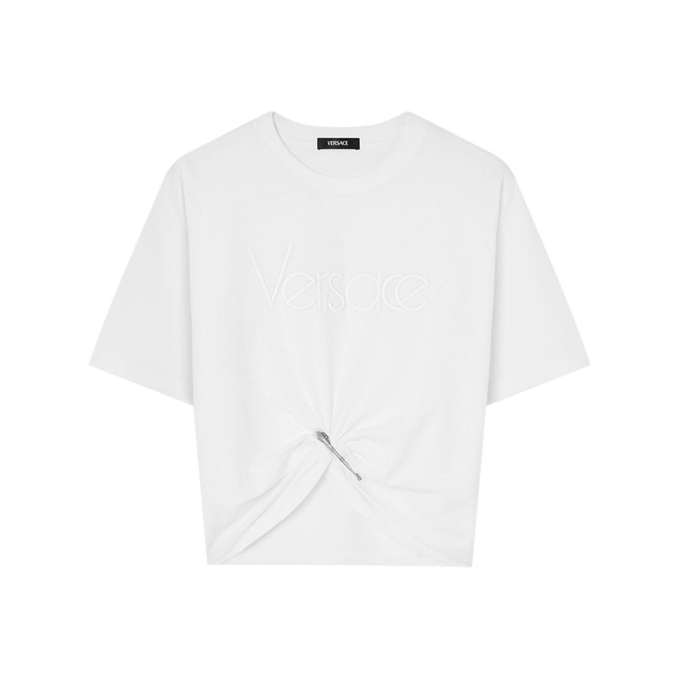 Versace logo-embroidered T-shirt in white Topwear Versace White Smoke