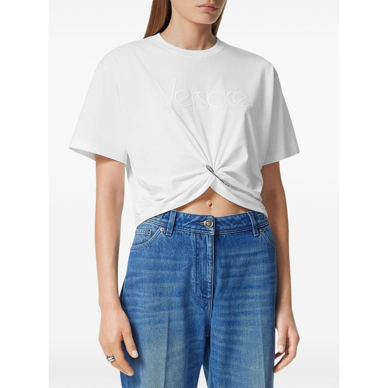 Versace logo-embroidered T-shirt in white Topwear Versace Dark Slate Blue