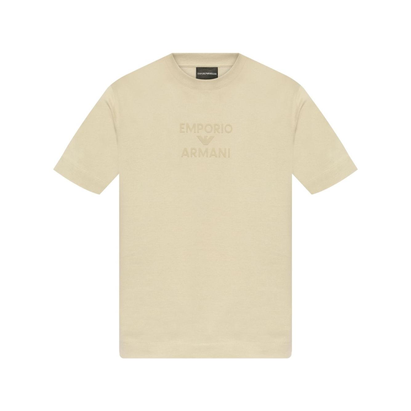 Beige Emporio Armani logo T-shirt with crew neck, embossed front logo, short sleeves, and straight hem.