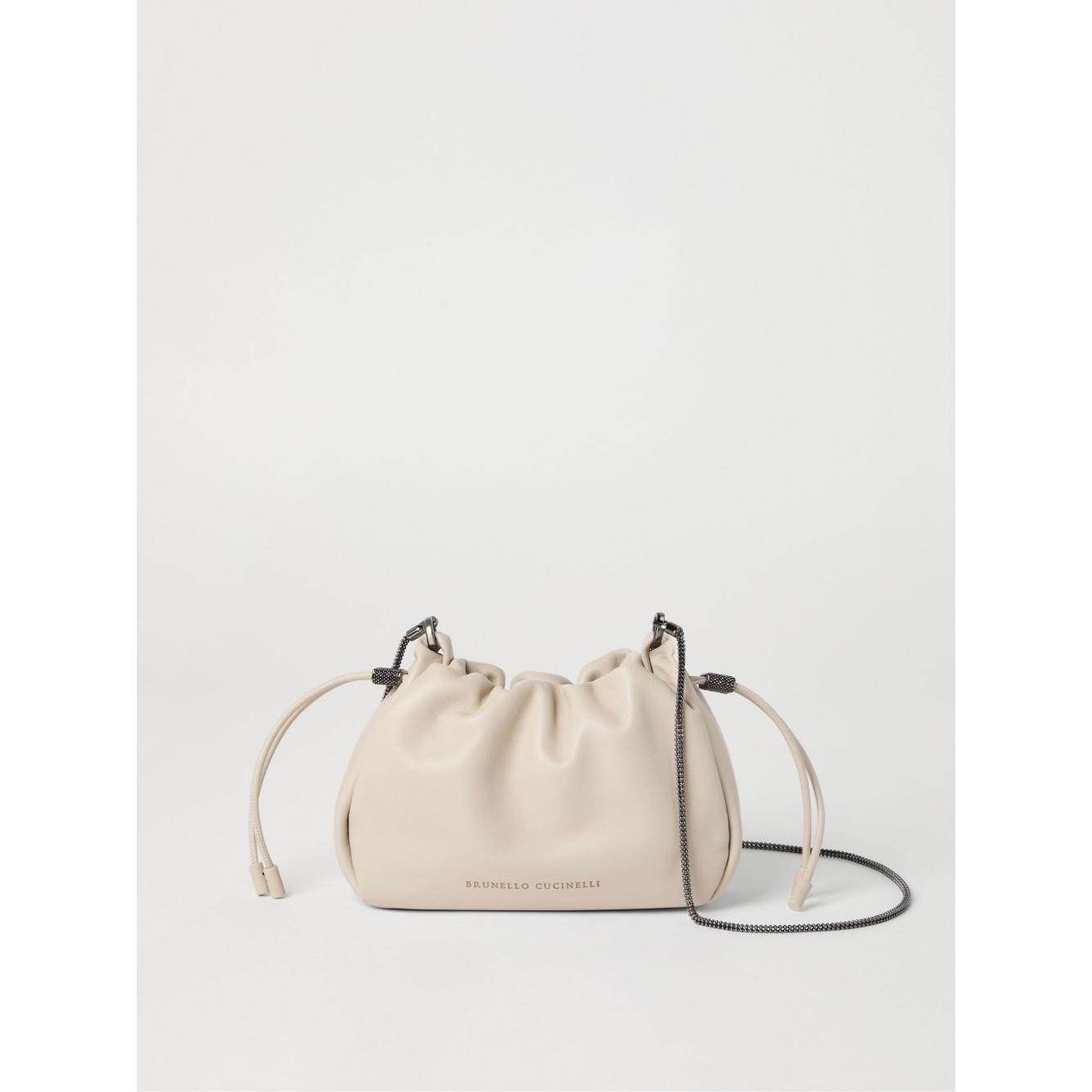Brunello Cucinelli Bucket Mellow mini bag in Soft leather with Precious Chain