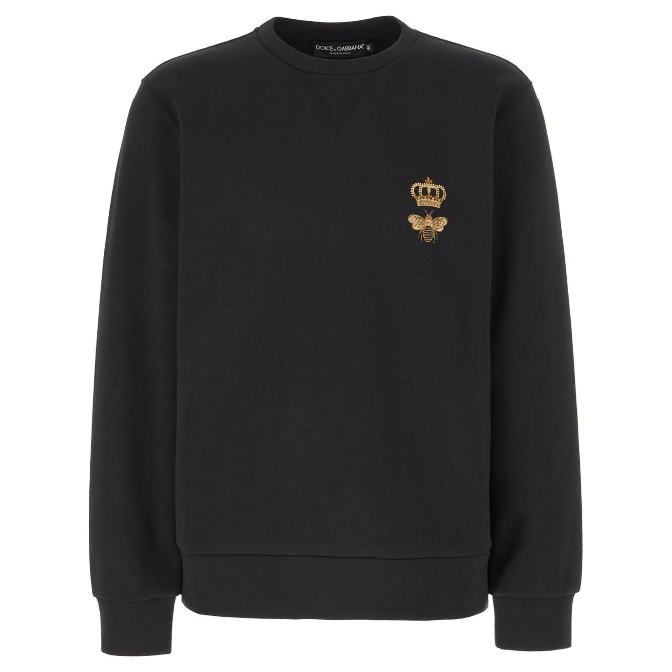 Dolce & Gabbana black sweatshirt with embroidered bee logo and crown detail on chest, crew neck and long sleeves, cotton blend.