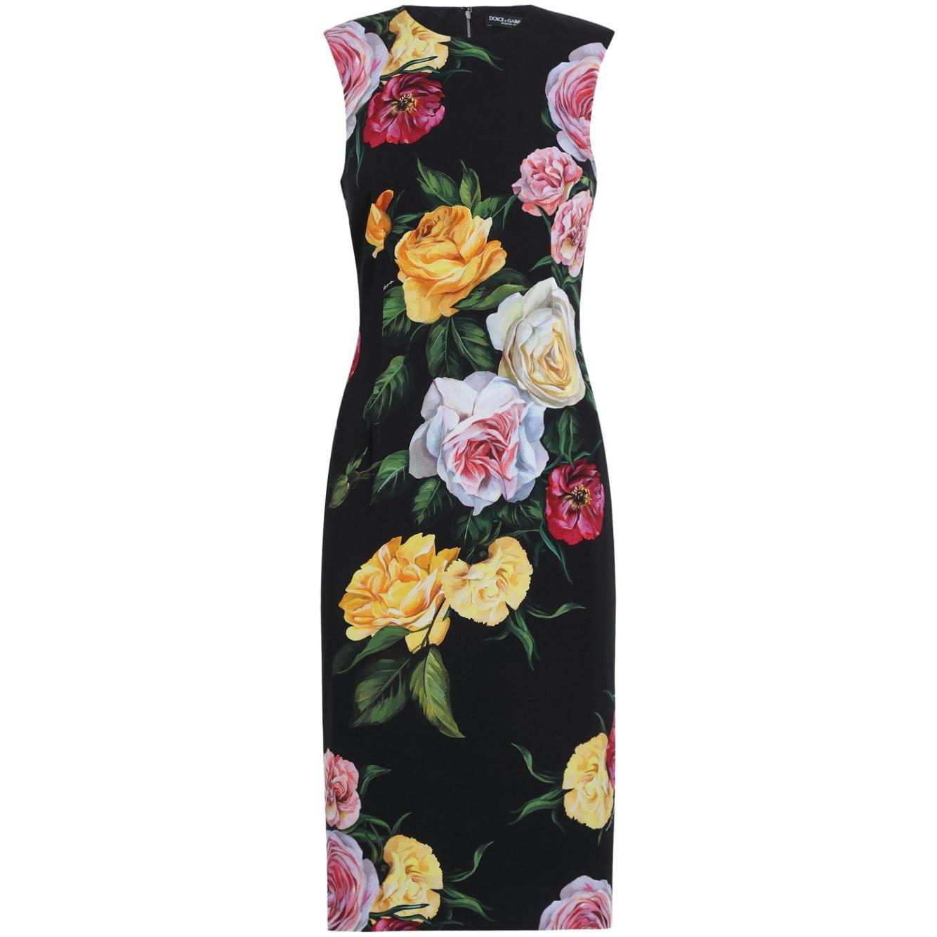 Dolce & Gabbana black floral print midi dress, sleeveless with round neck and colorful flowers, made from printed silk.