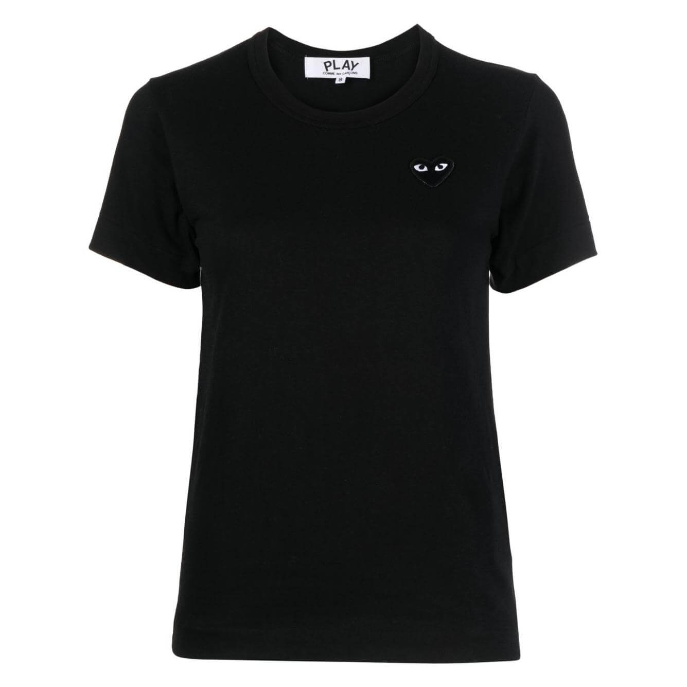 Comme des Garcons Play black T-shirt featuring camouflaged heart logo with eyes, crew neck, short sleeves, and straight hem.