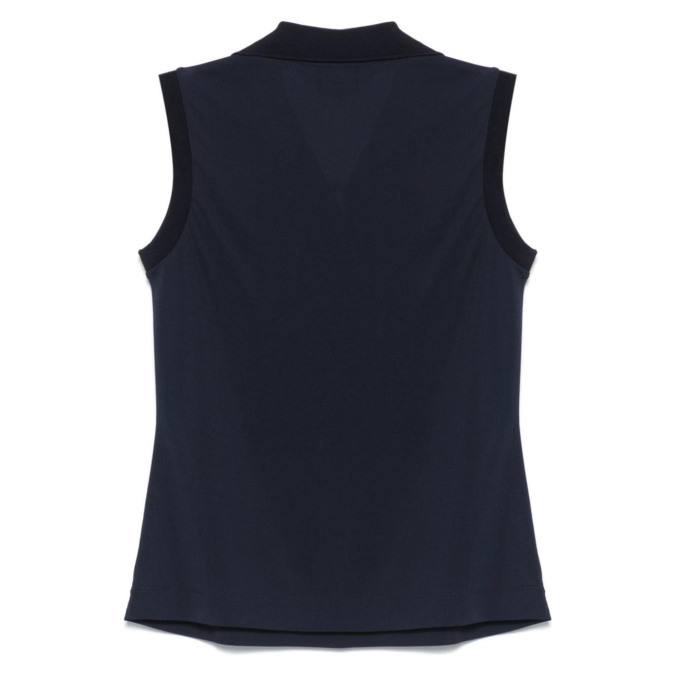 Navy blue Emporio Armani Icon sleeveless top, back view, featuring classic collar and side slits, fits true to size.