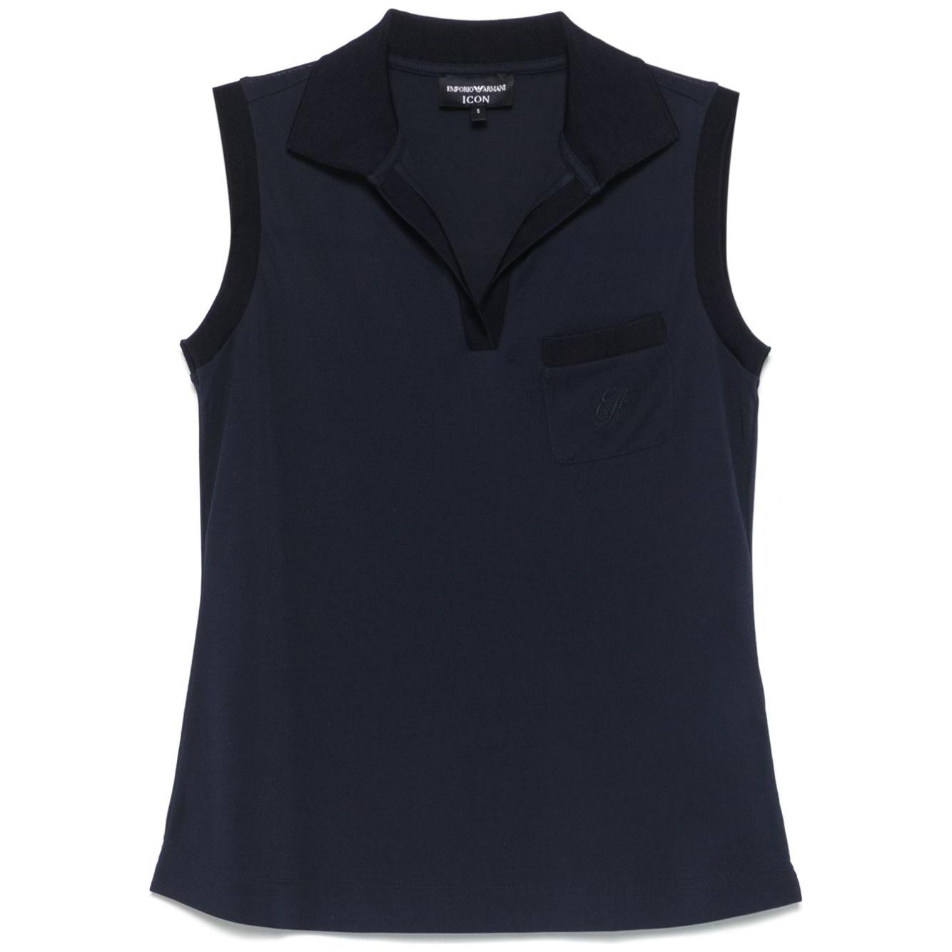 Emporio Armani navy blue sleeveless top with chest pocket and classic collar, featuring short side slits. Size S/M.