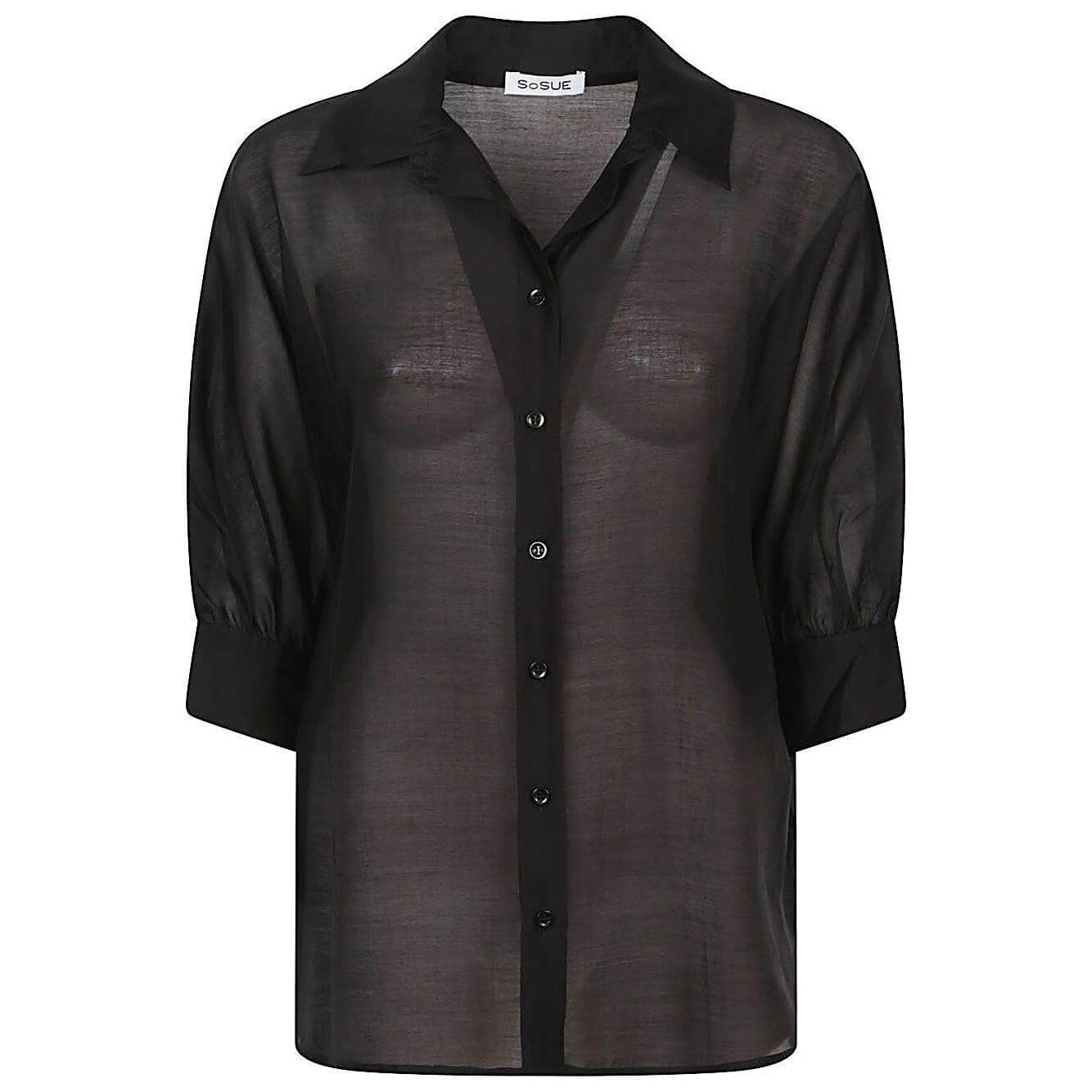 Women's SOSUE Antonia black blouse, oversized with short sleeves, soft fabric, smooth button placket.