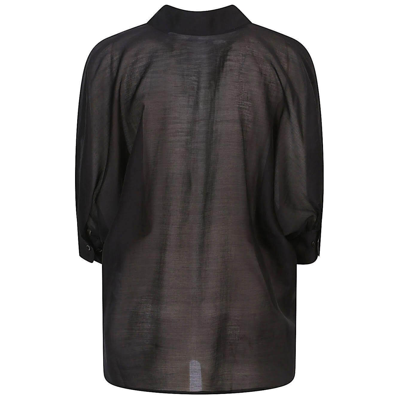 Back view of women's black oversized SOSUE Antonia blouse with short sleeves and smooth button placket, crafted from soft fabric.