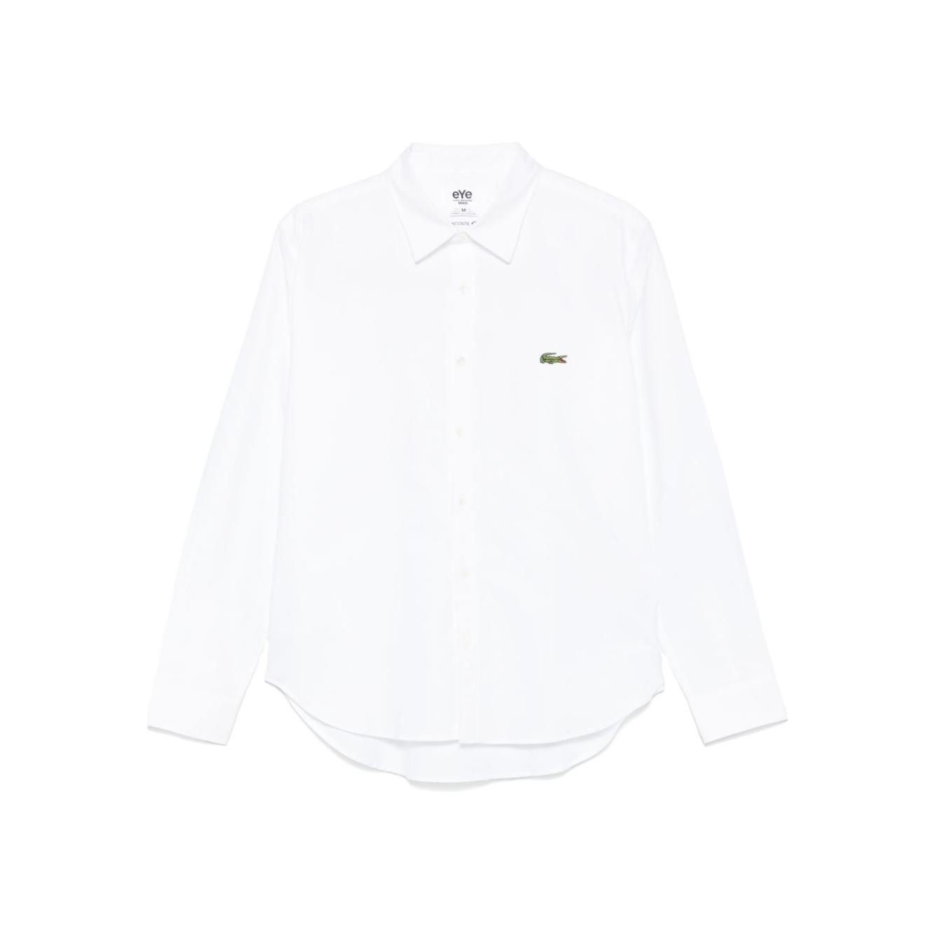 White Junya Watanabe shirt with front button fastening, classic collar, long sleeves, and box-pleat detail in medium size.