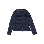 Navy blue puffer jacket on a white background