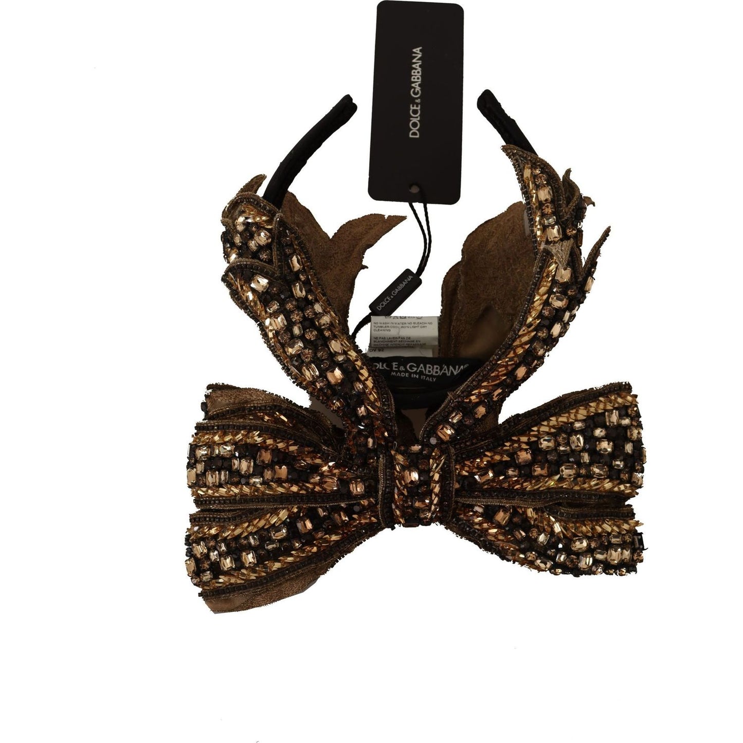 Dolce & Gabbana Gold Crystal Beaded Sequined Silk Bow Headband Diadem