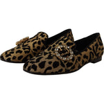 Dolce & Gabbana Gold Leopard Print Crystals Loafers Shoes LA9771- 36.5