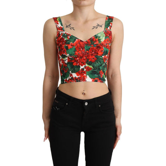 Dolce & Gabbana Red Geranium Print Viscose Sweetheart Cropped Top