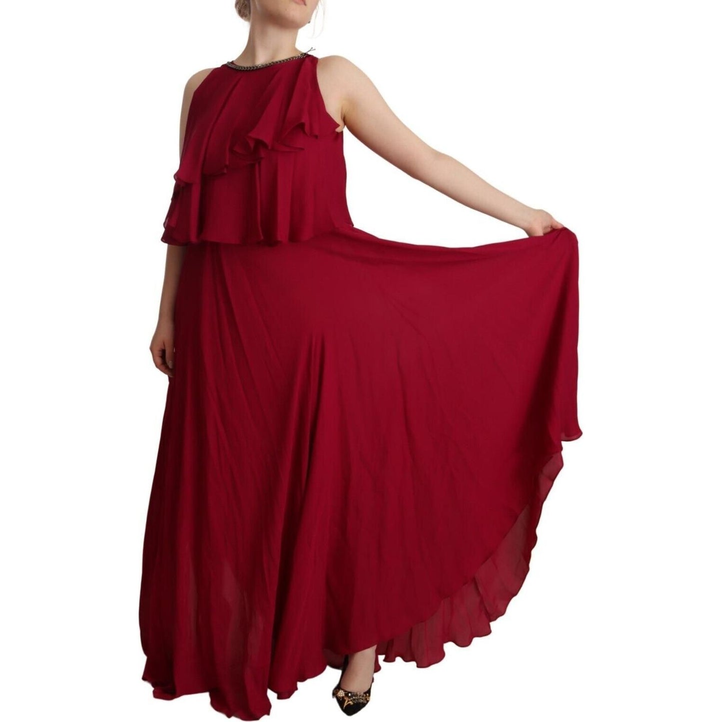 PLEIN SUD Elegant Silk Sleeveless Ruffled Maxi Dress PLEIN SUD Dark Red
