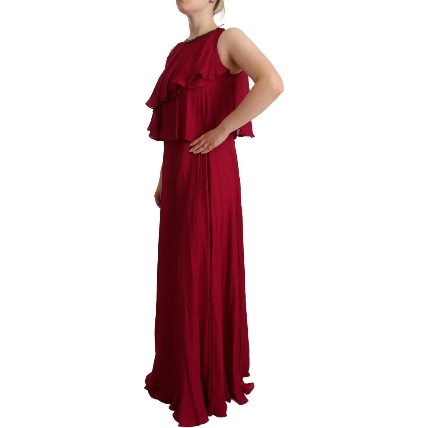 PLEIN SUD Elegant Silk Sleeveless Ruffled Maxi Dress PLEIN SUD Dark Red