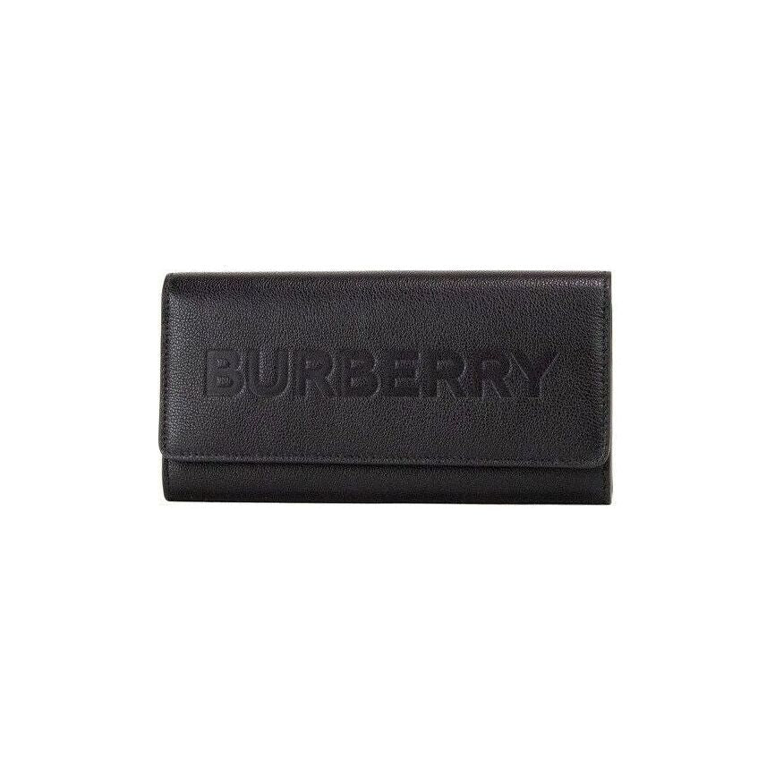 Burberry Porter Black Grained Leather Branded Logo Embossed Clutch Flap Wallet 44540