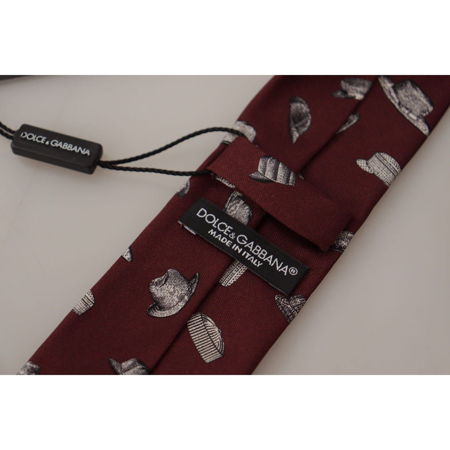 Dolce & Gabbana Maroon Hat Pattern 100% Silk Adjustable Accessory Tie KRA3191