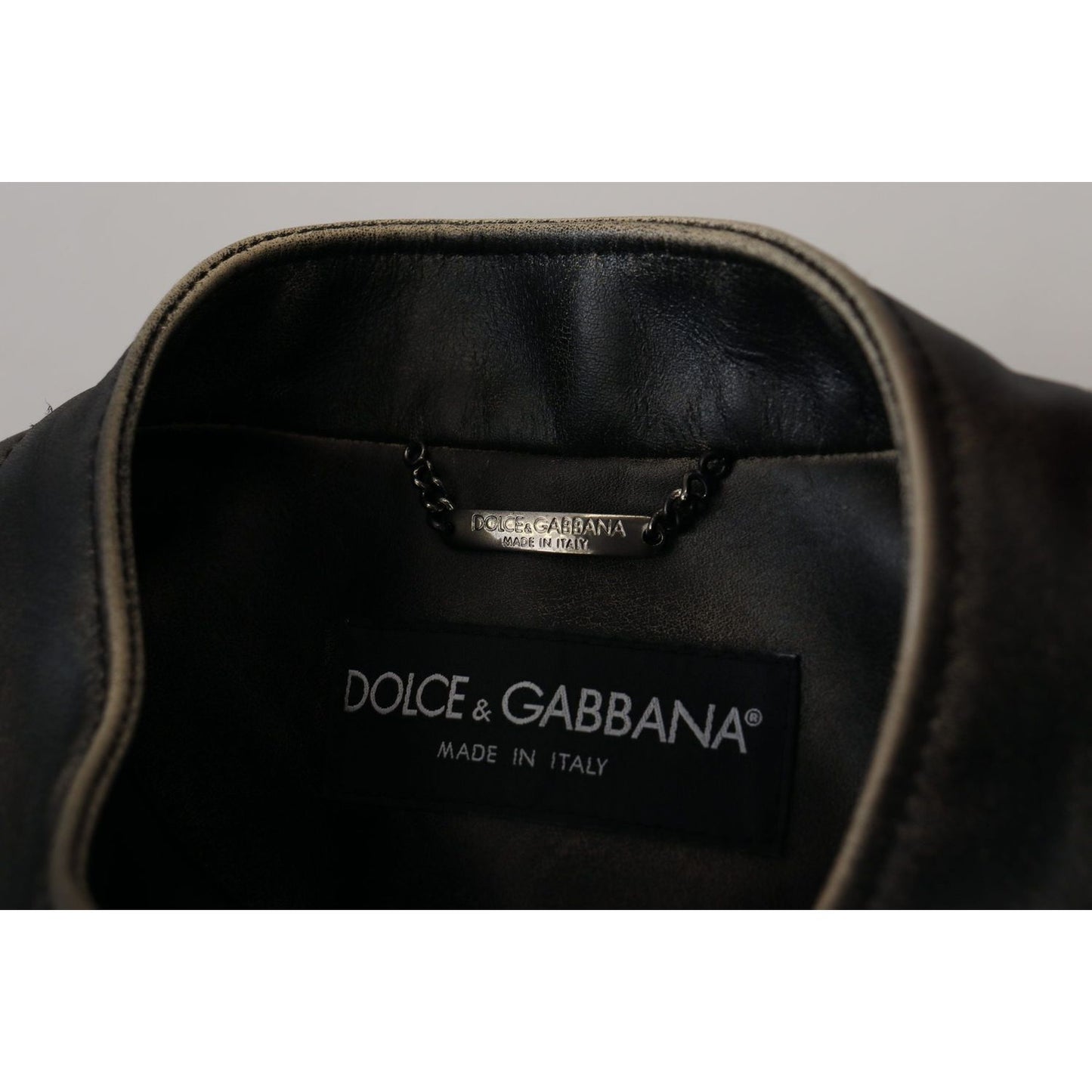 Dolce & Gabbana Elegant Black Leather Jacket with Silver Details Dolce & Gabbana Dark Gray