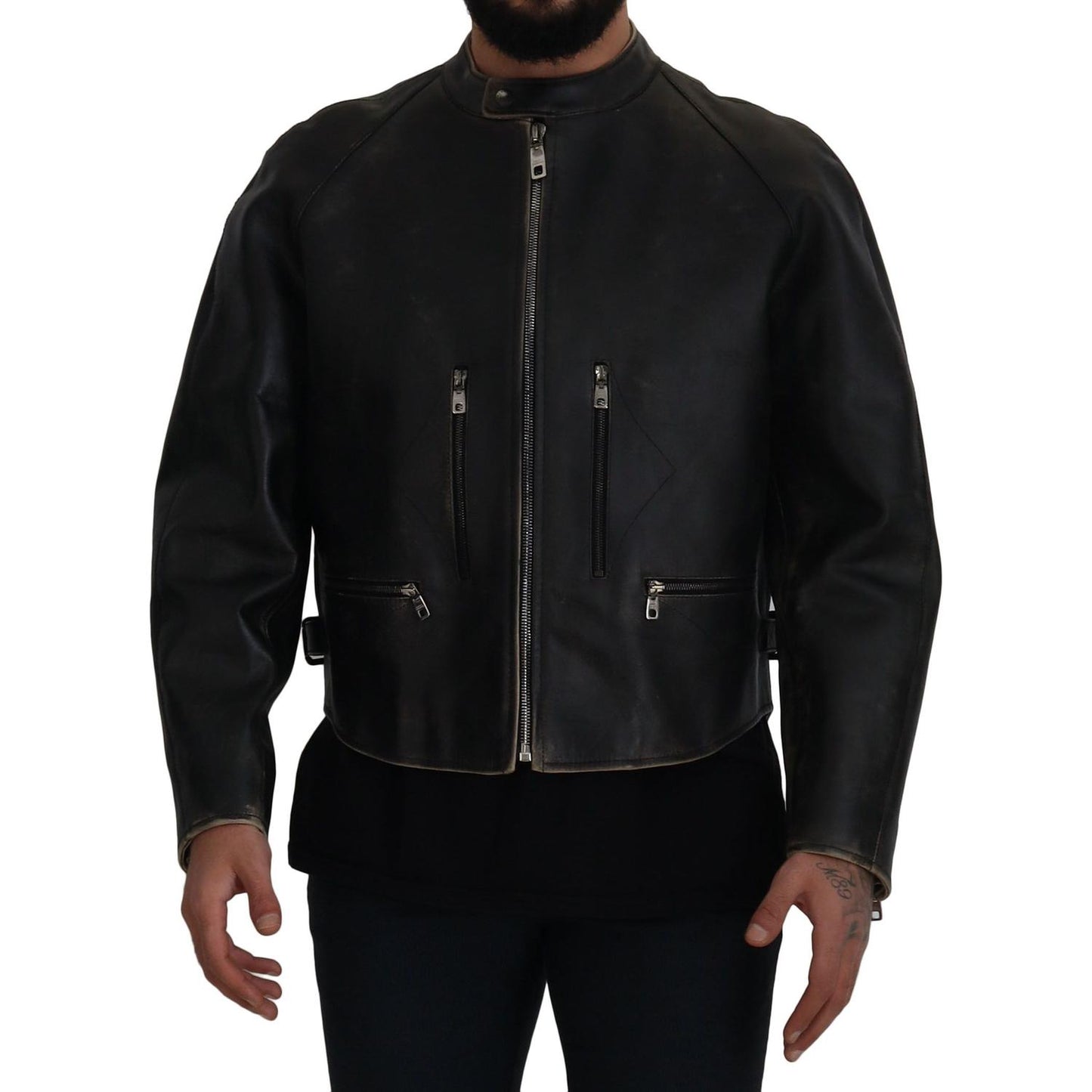 Dolce & Gabbana Elegant Black Leather Jacket with Silver Details Dolce & Gabbana Black