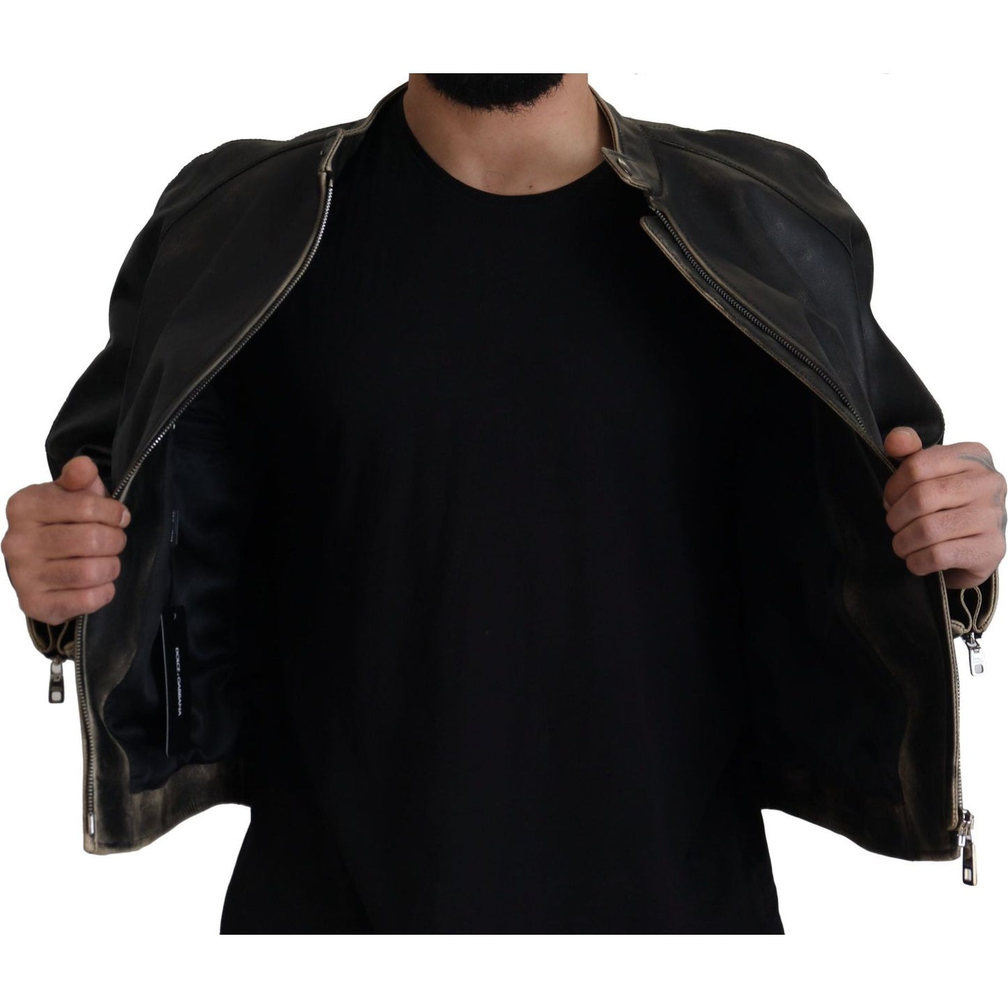 Dolce & Gabbana Elegant Black Leather Jacket with Silver Details Dolce & Gabbana Black