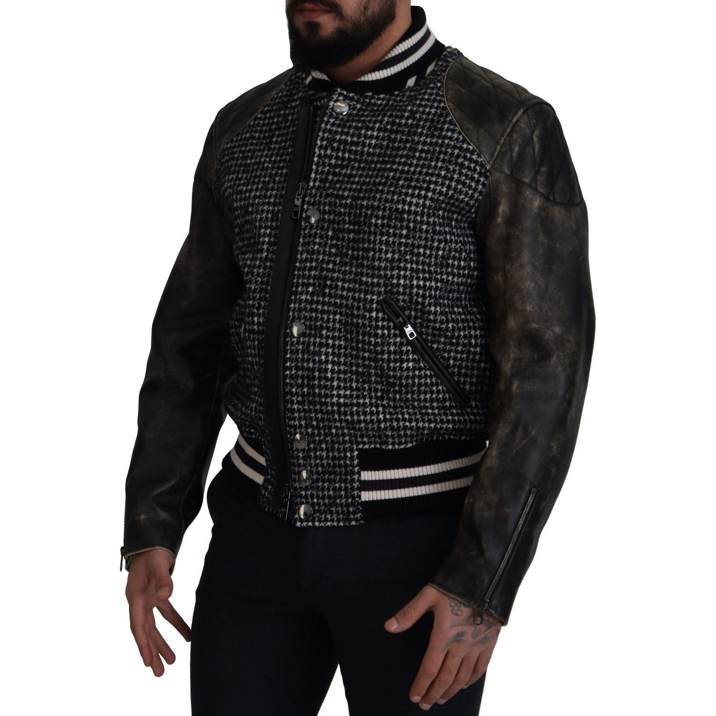 Dolce & Gabbana Black Houndstooth Polyester Bomber Jacket JKT3333- 52