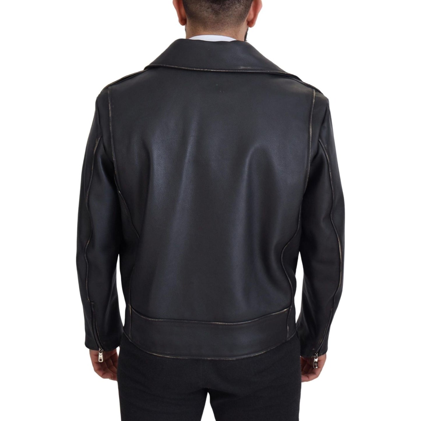 Dolce & Gabbana Elegant Black Leather Biker Jacket Dolce & Gabbana Dark Slate Gray