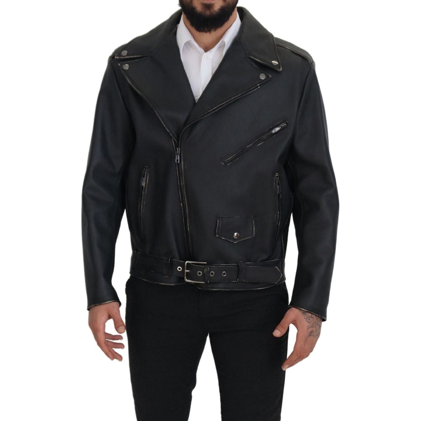 Dolce & Gabbana Elegant Black Leather Biker Jacket Dolce & Gabbana Black