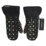 Dolce & Gabbana Gray Wool Shearling Studded Green Leopard Gloves LB129-1