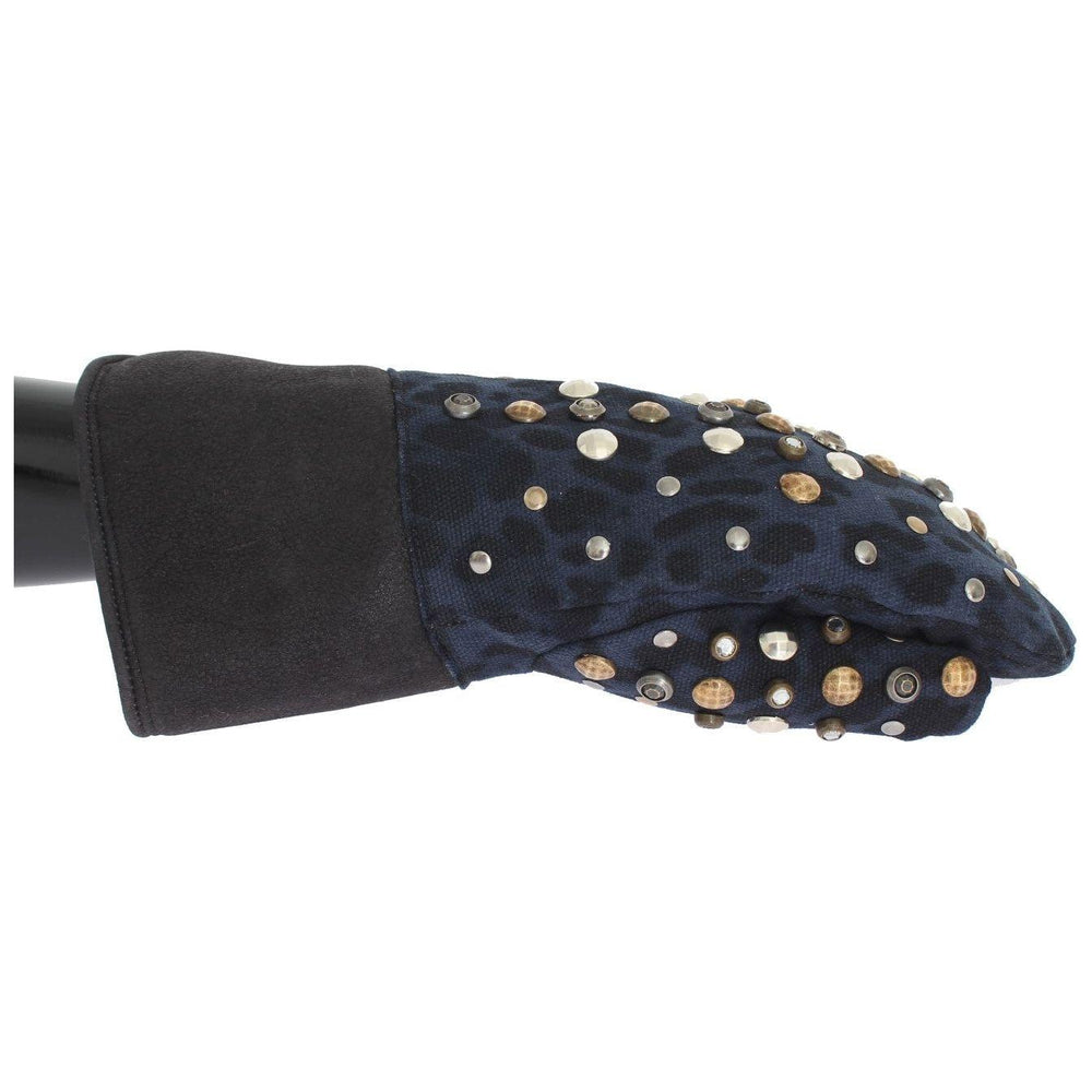 Dolce & Gabbana Gray Wool Shearling Studded Blue Leopard Gloves LB132-1