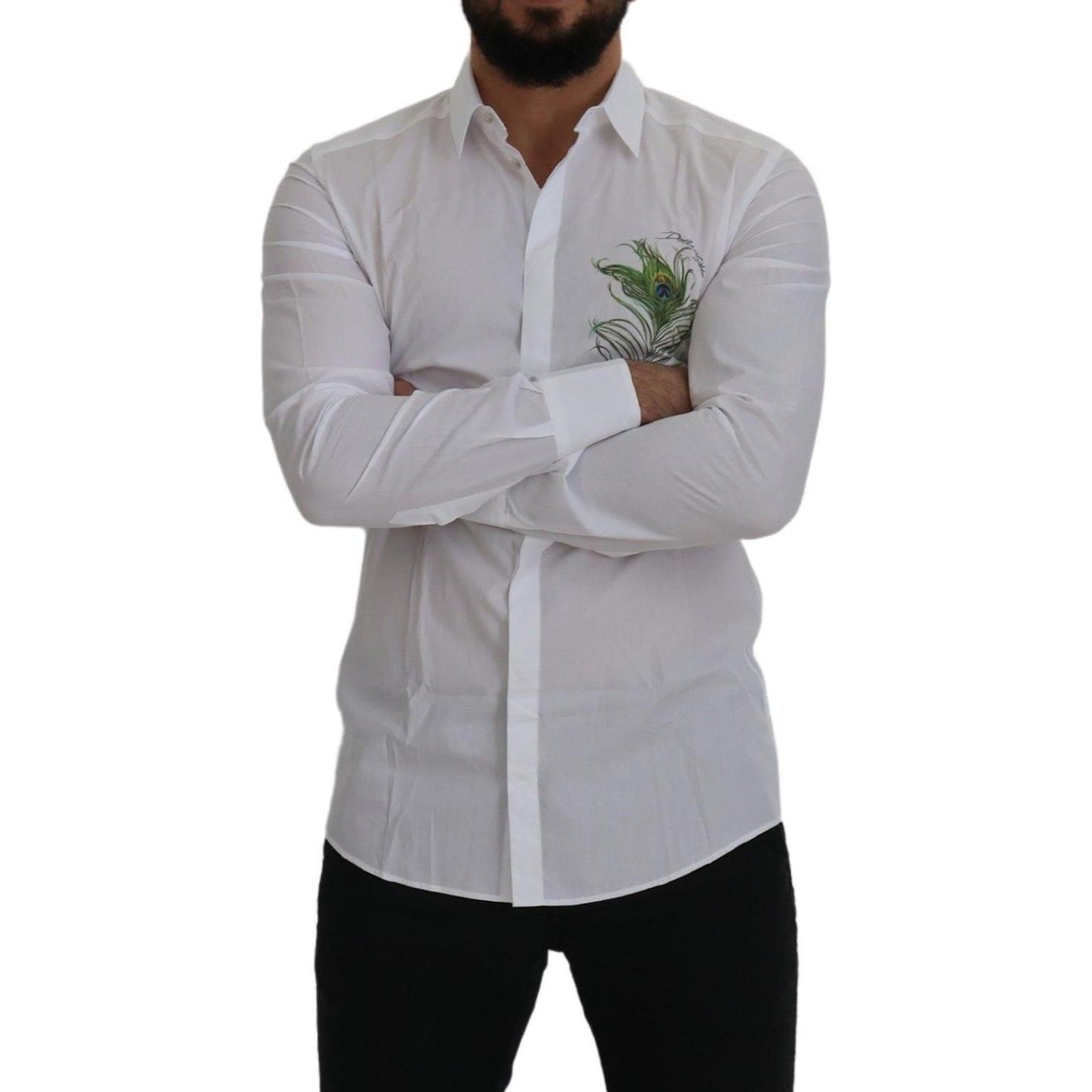 Dolce & Gabbana Elegant White Peacock Feather Dress Shirt Dolce & Gabbana Dark Gray