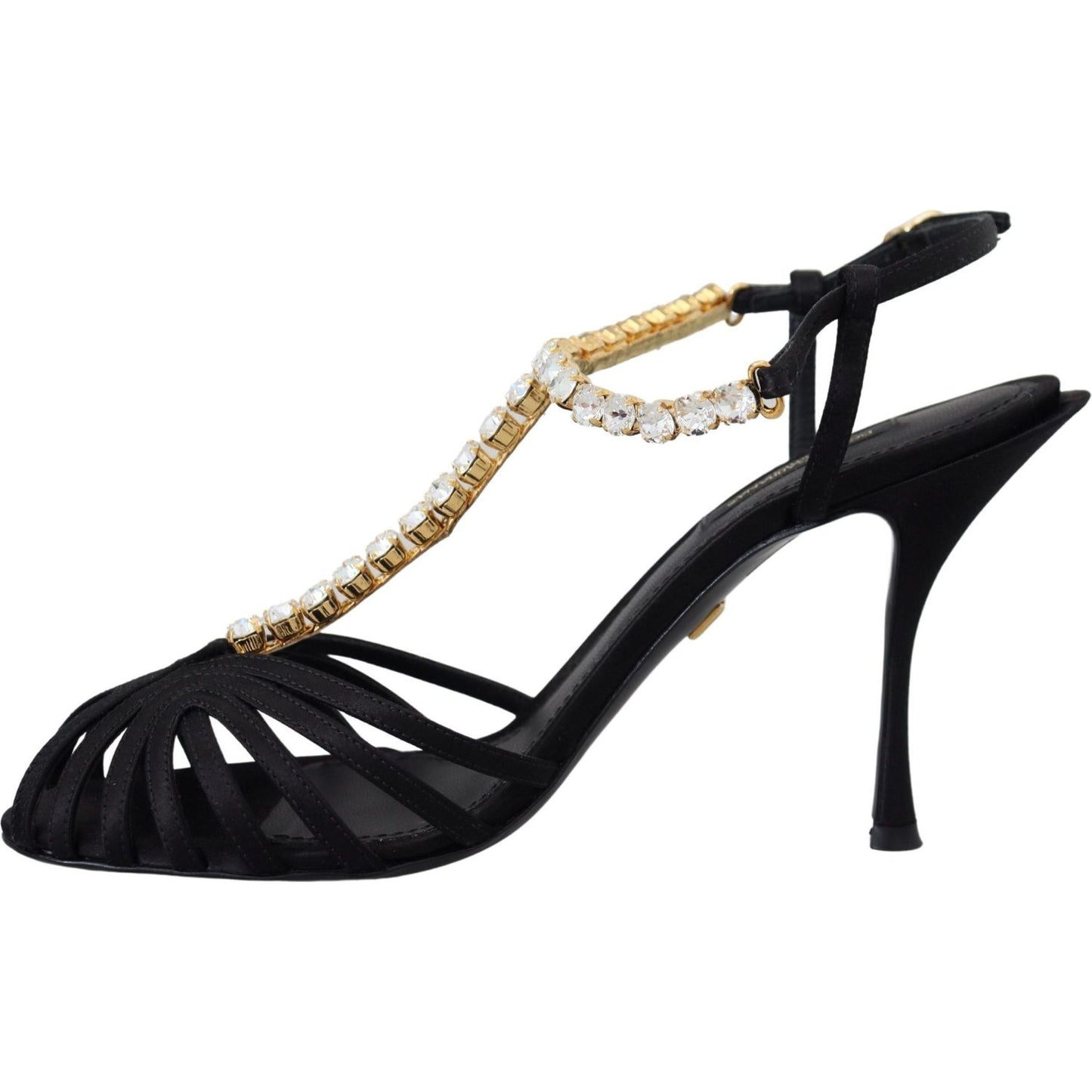Dolce & Gabbana Black Satin Clear Crystal T-strap Sandal Shoes LA10077- 35.5