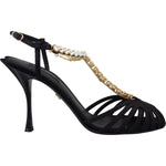 Dolce & Gabbana Black Satin Clear Crystal T-strap Sandal Shoes LA10077- 35.5
