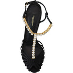 Dolce & Gabbana Black Satin Clear Crystal T-strap Sandal Shoes LA10077- 35.5