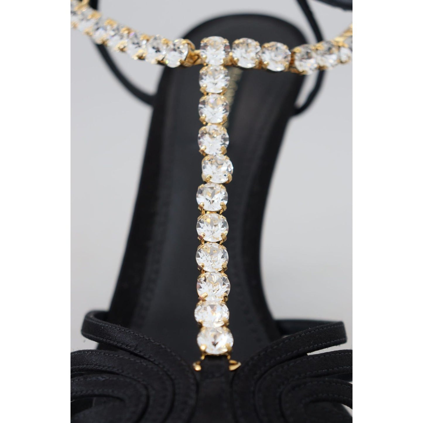 Dolce & Gabbana Black Satin Clear Crystal T-strap Sandal Shoes LA10077- 35.5