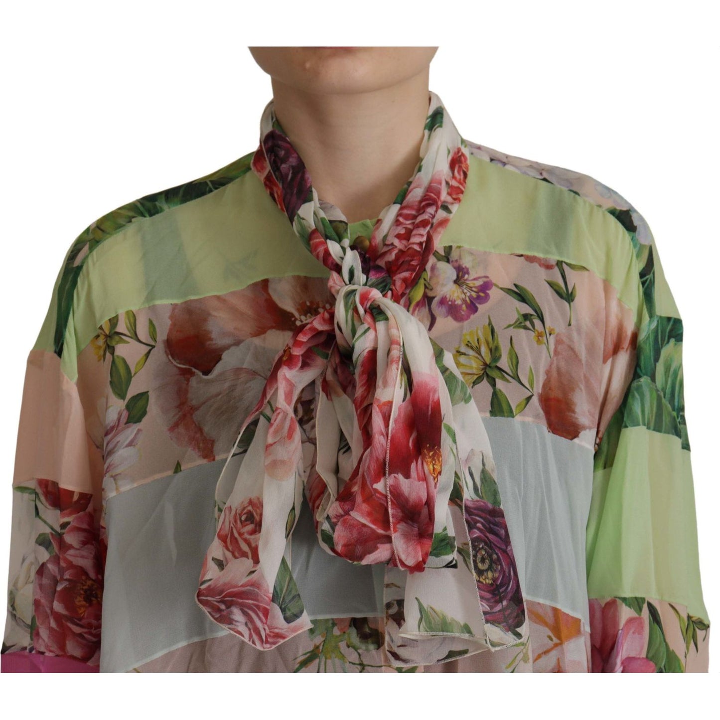 Dolce & Gabbana Multicolor Floral Patchwork Design Ascot Collar Top Blouse TSH7868- 42