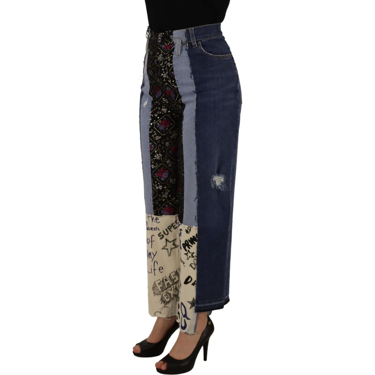 Dolce & Gabbana Multicolor Patchwork DG Fashion Wide Leg Denim Pant PAN73058 - 36