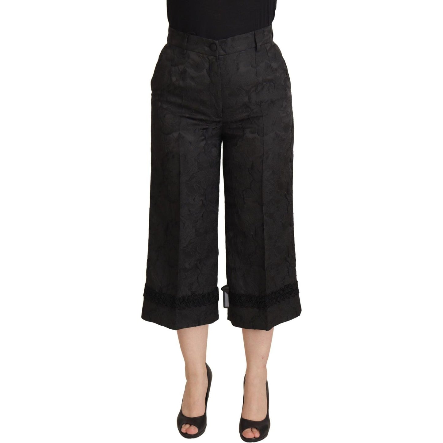 Dolce & Gabbana Black Brocade Cropped High Waist Pants PAN73078- 36