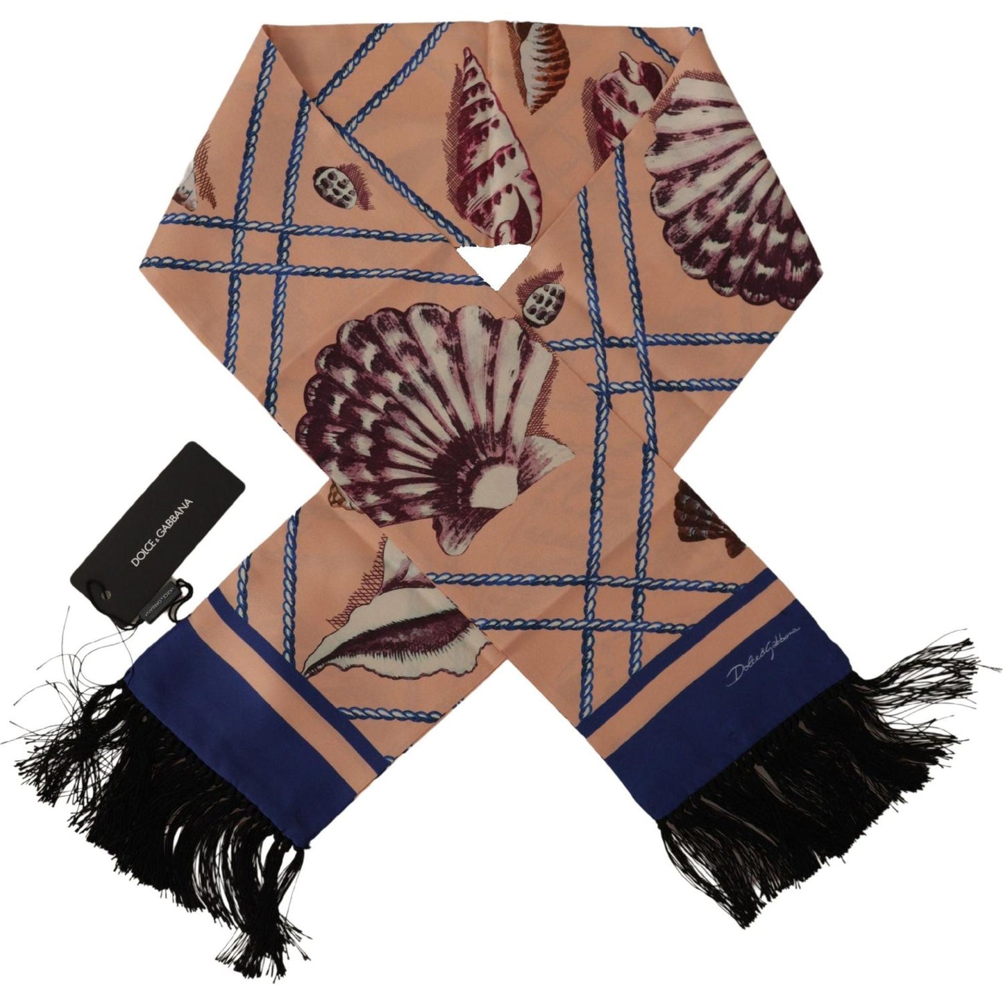 Dolce & Gabbana Multicolor Seashell Patterned DG Logo Shawl Fringe Silk Scarf MS6201