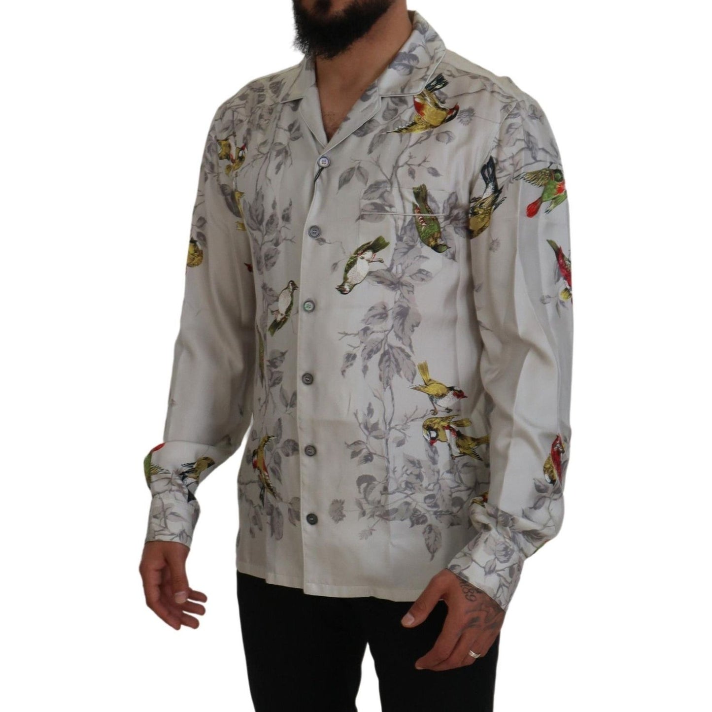 Dolce & Gabbana White Bird Print Silk Satin Casual Shirt TSH83568- IT4