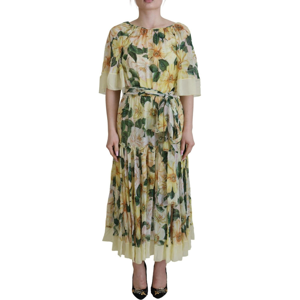 Dolce & Gabbana Yellow Floral Print Pleated Maxi Silk Dress DR28786 - 40