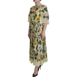 Dolce & Gabbana Yellow Floral Print Pleated Maxi Silk Dress DR28786 - 40