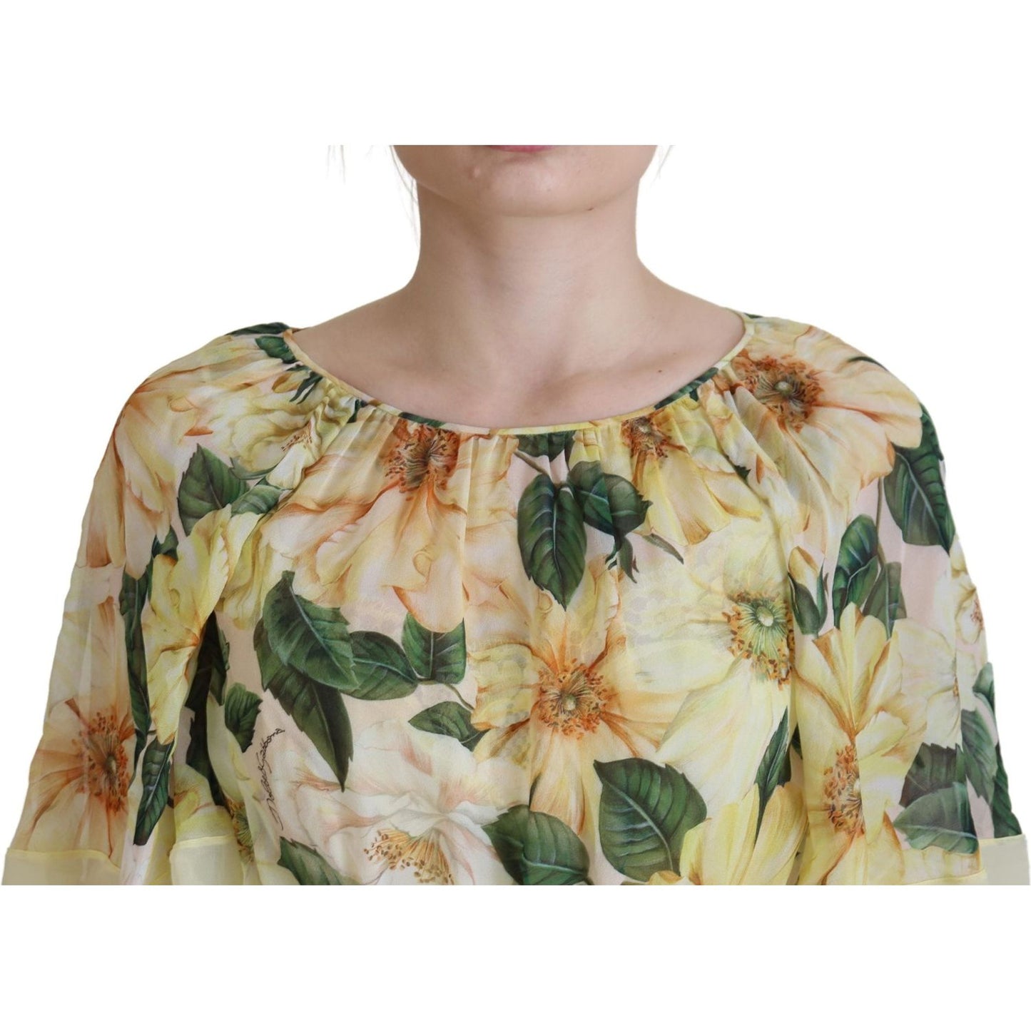 Dolce & Gabbana Yellow Floral Print Pleated Maxi Silk Dress DR28786 - 40