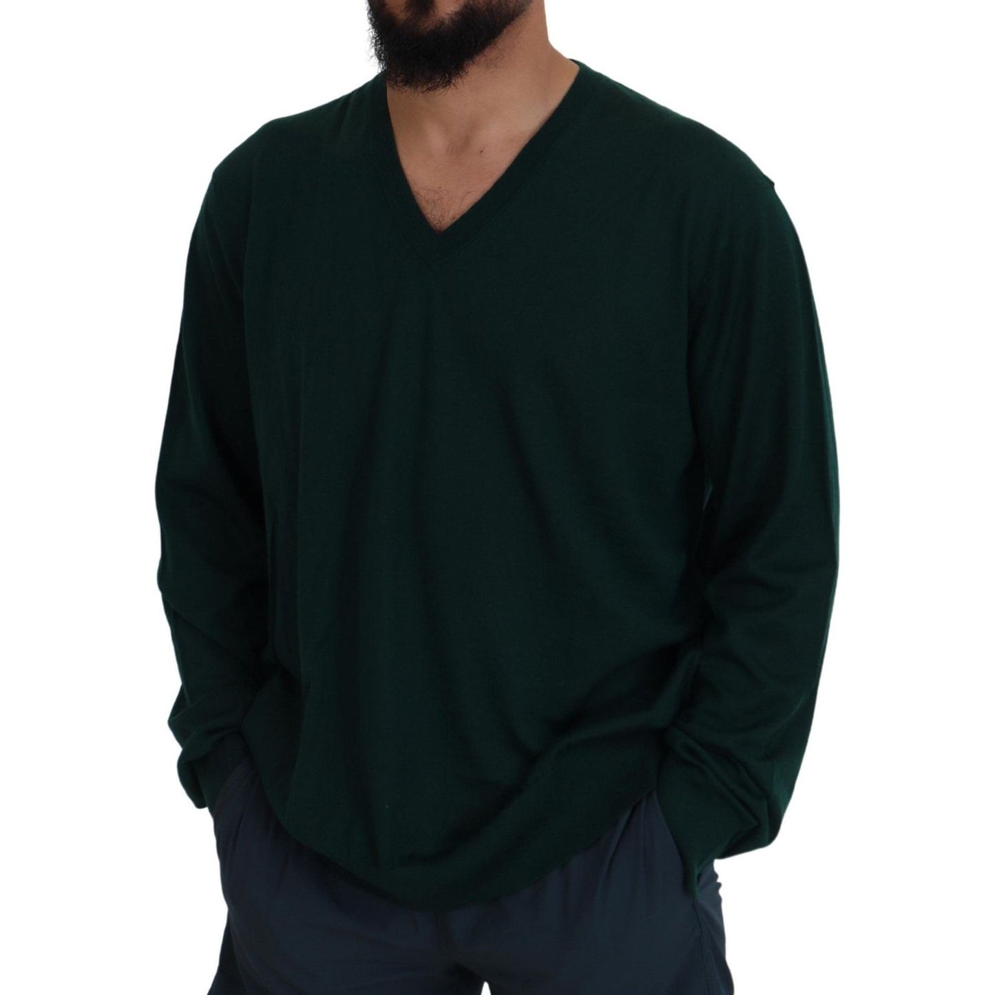 Dolce & Gabbana Green Cashmere V-neck Pullover Sweater