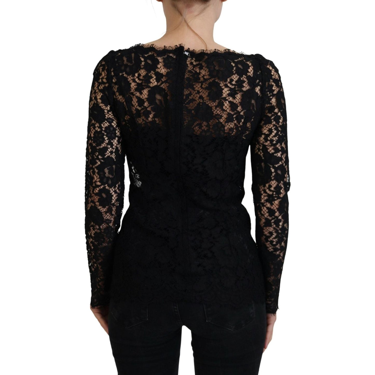 Dolce & Gabbana Black Cotton Lace Trim Long Sleeves Top TSH83729- 36