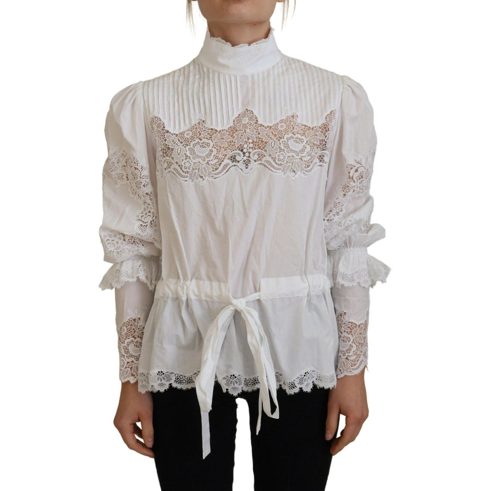 Dolce & Gabbana White Cotton Lace Trim Turtle Neck Blouse Top TSH83731- 40