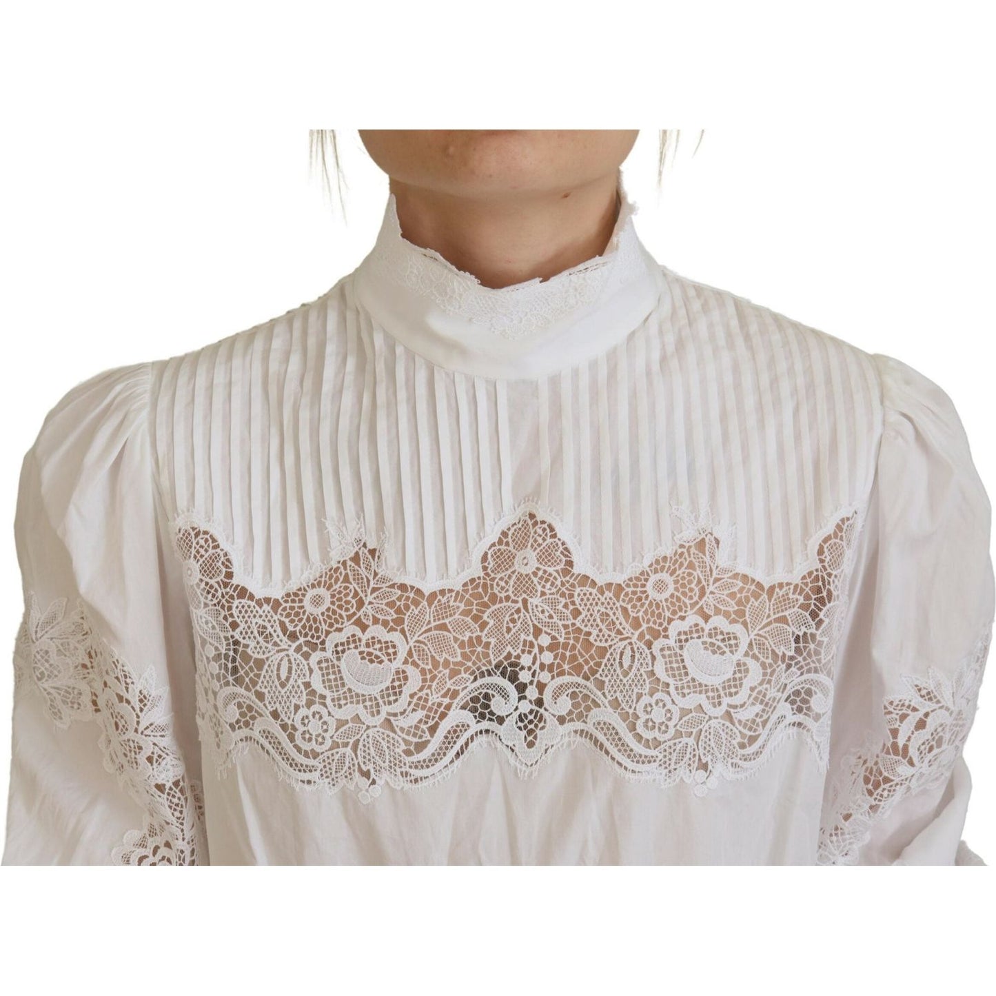 Dolce & Gabbana White Cotton Lace Trim Turtle Neck Blouse Top TSH83731- 40