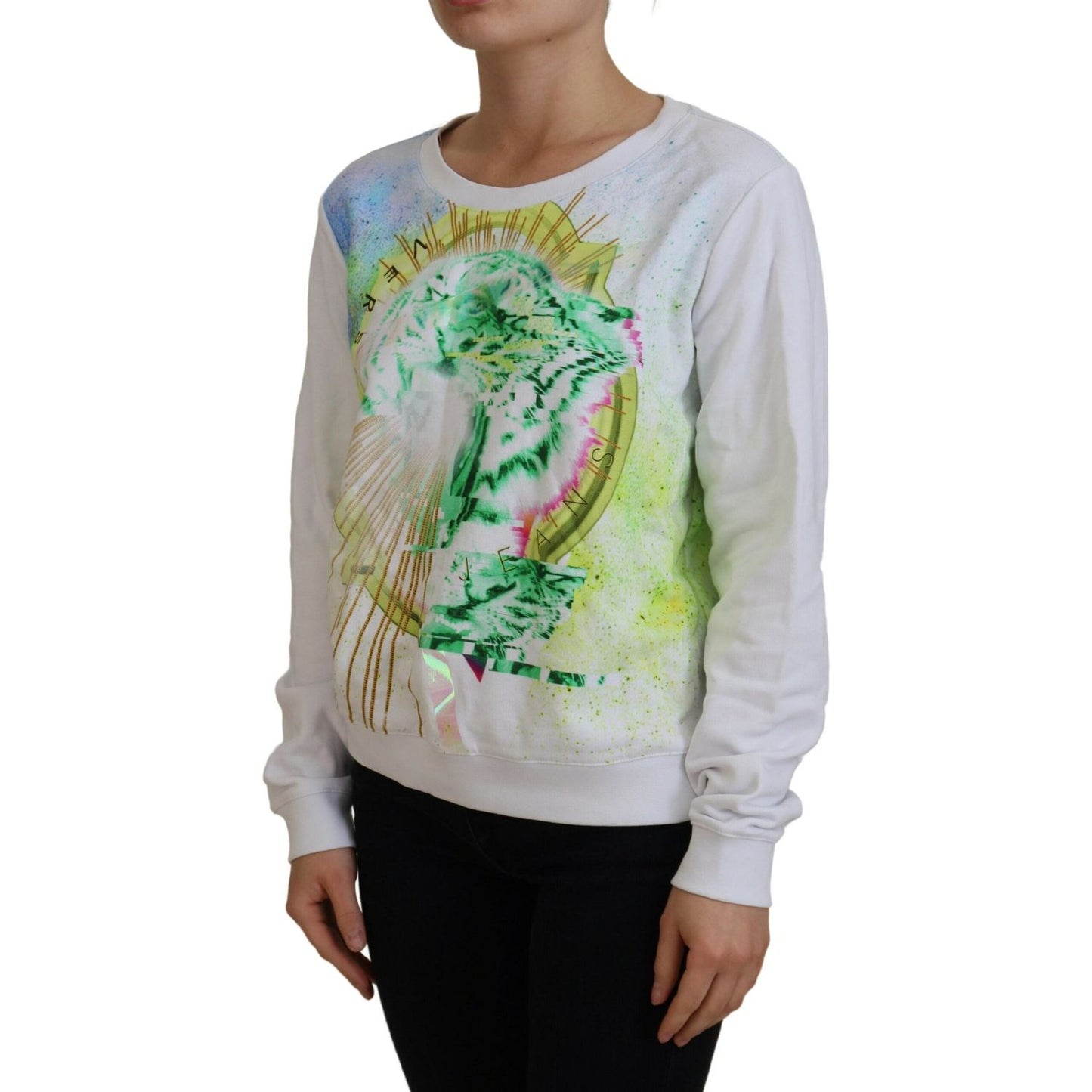 Versace Jeans Elegant White Graphic Crew Neck Sweater Versace Jeans Dark Gray
