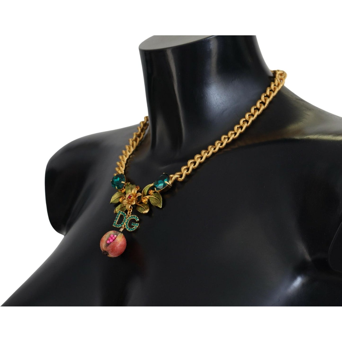Dolce & Gabbana Gold Brass Crystal Logo Fruit Floral Statement Necklace SMY101076