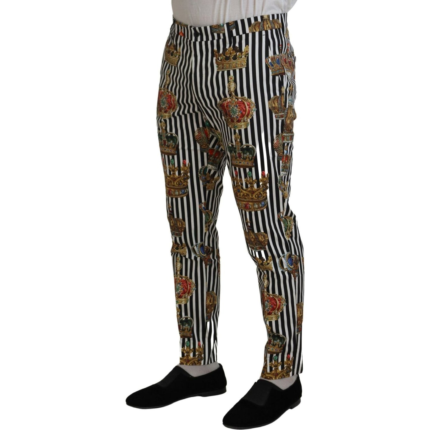 Dolce & Gabbana Elegant Gold Crown Stripe Chino Pants Dolce & Gabbana Black